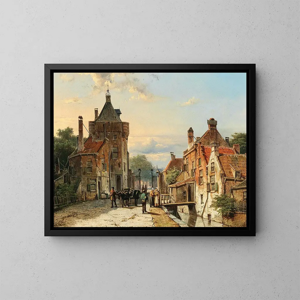Een uitzicht op een Nederlandse stad met personages die aan het praten zijn - Willem Koekkoek — ingelijst kunstwerk aan de muur