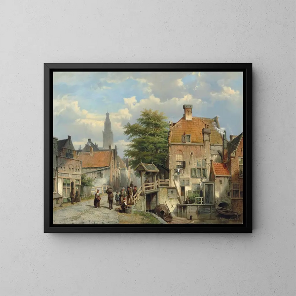 Figuren op een brug aan de rand van een Nederlands kanaal - Willem Koekkoek — ingelijst kunstwerk aan de muur