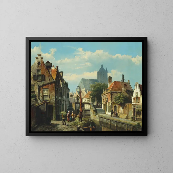 Ontladen van de schuit met hooi - Willem Koekkoek — ingelijst kunstwerk aan de muur