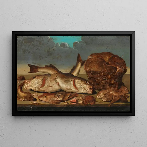 Still life with fish - Willem Ormea — framed artwork on a wall