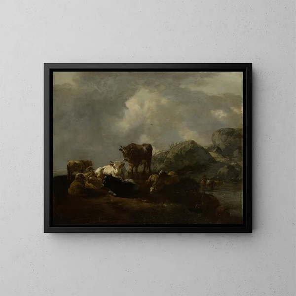 van het vee rustend bij een waterpassage - Willem Romeyn — ingelijst kunstwerk aan de muur