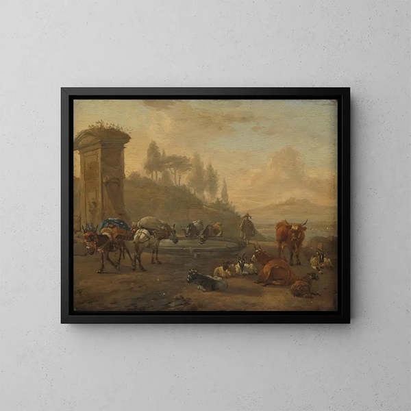 van het vee bij een fontein - Willem Romeyn — ingelijst kunstwerk aan de muur
