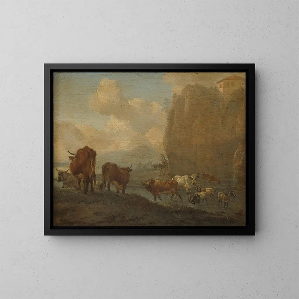 van het vee aan de rand van een rivier - Willem Romeyn — ingelijst kunstwerk aan de muur