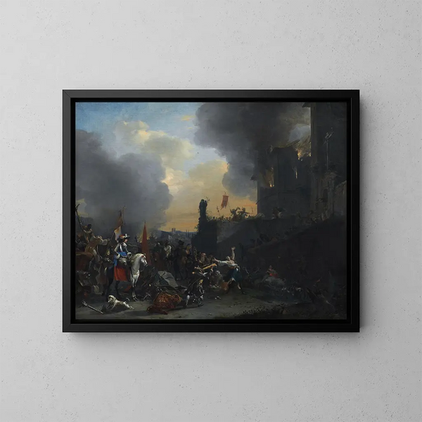 Soldaten plunderen en verbranden een klooster - Willem Schellinks — ingelijst kunstwerk aan de muur