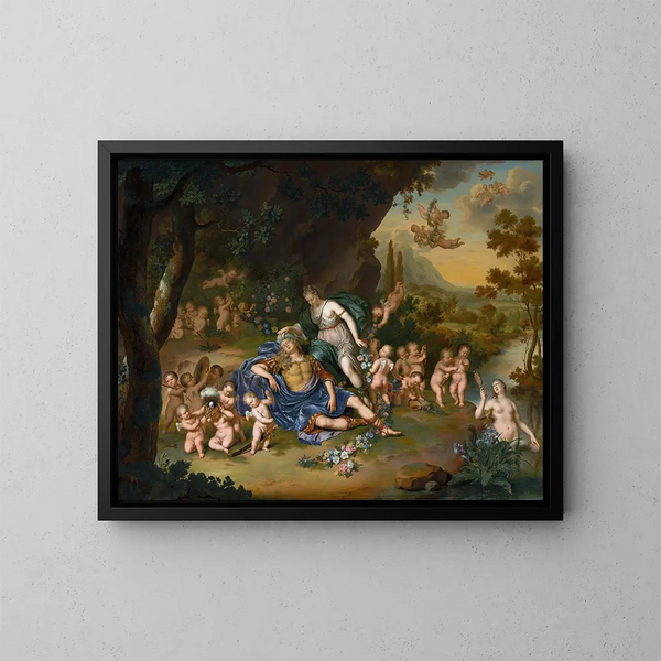 Armide liant Rinaldo slapend met bloemen - Willem Van Mieris — ingelijst kunstwerk aan de muur
