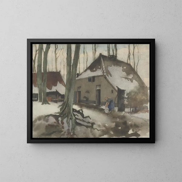 Vrouw voor een huis in een besneeuwd bos - Willem Witsen — ingelijst kunstwerk aan de muur