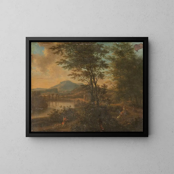 Italiaanse landschapsschilderij bij zonsondergang - Willem de Heusch — ingelijst kunstwerk aan de muur