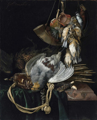 Willem van Aelst - A Partridge A Pheasant A Hunting Bag And Traps On A Partially Draped Ledge Songbirds A Hunting Horn And Hawking Hoods Hanging Above.webp