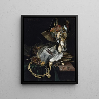 Willem van Aelst - A Partridge A Pheasant A Hunting Bag And Traps On A Partially Draped Ledge Songbirds A Hunting Horn And Hawking Hoods Hanging Above.webp