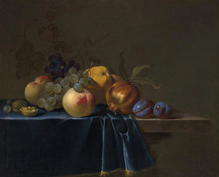 Willem van Aelst - Peaches grapes pomegranate and plums on an entablature.webp