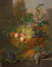 a painting featuring a urn filled with flowers, grapes, peaches, plums, and apricots, a pineapple, and a pigeon in the foreground - Willem van Leen — artwork view