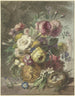 Bouquet of flowers in a figurative pot with a putto and a bird's nest in the background, a statue - Willem van Leen — artwork view