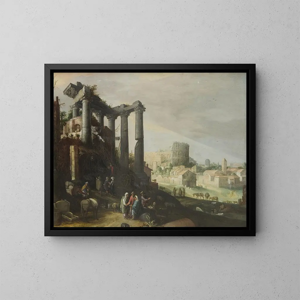Landschapsschilderij met uitzicht op het Campo Vaccino in Rome - Willem van Nieulandt de Jonge — ingelijst kunstwerk aan de muur