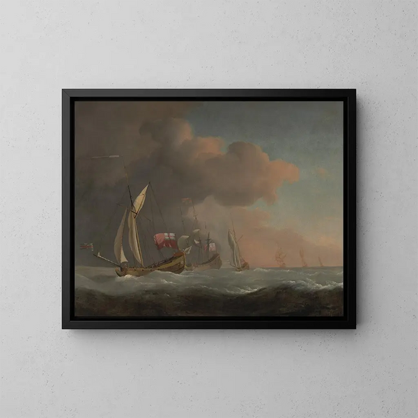 Koninklijke Engelse schepen op zee bij stormachtig weer met een schip dat de koninklijke vlag voert - Willem van de Velde de Jonge — ingelijst kunstwerk aan de muur