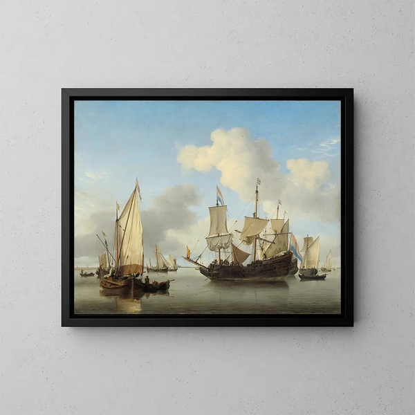 Boten bij de ankerplaats aan de kust - Willem van de Velde de Jonge — ingelijst kunstwerk aan de muur