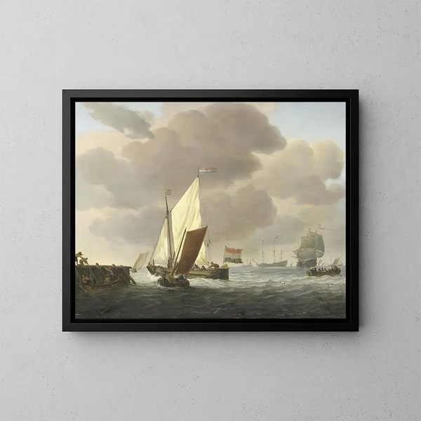 Scheepjes nabij de kust bij stormachtig weer - Willem van de Velde de Jonge — ingelijst kunstwerk aan de muur