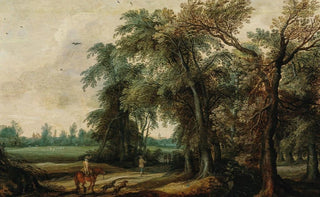 Willem van den Bundel - A wooded landscape with hunters.webp