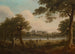 Jagers in een bosrijk rivierlandschap, een boerderij op de achtergrond - William Ashford — weergave van het kunstwerk