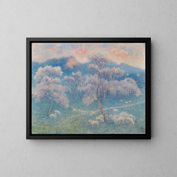 Moutons sous les amandiers - William Degouve de Nuncques — ingelijst kunstwerk aan de muur