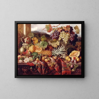 William Duffield - Still Life with Mixed Fruit  a Rug with Landscape Beyond.webp