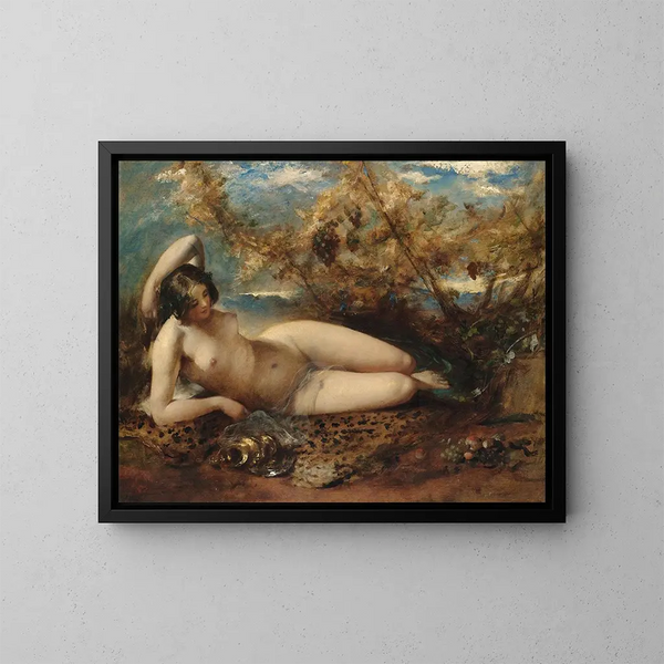 van een jonge vrouw liggend op een bont tapijt - William Etty — ingelijst kunstwerk aan de muur