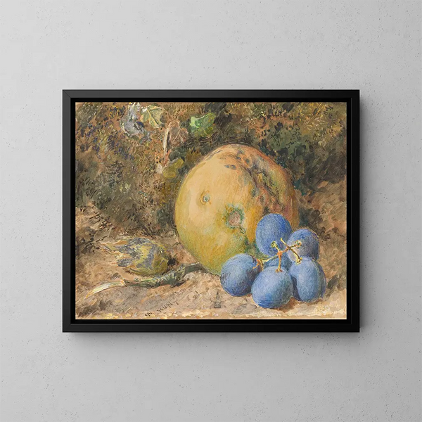 Een appel, druiven en een hazelnoot op een mosbank - William Henry Hunt — ingelijst kunstwerk aan de muur