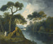 Een rivierlandschap met monniken die converseren bij megalieten met ruïnes op de achtergrond - William Hodges — weergave van het kunstwerk