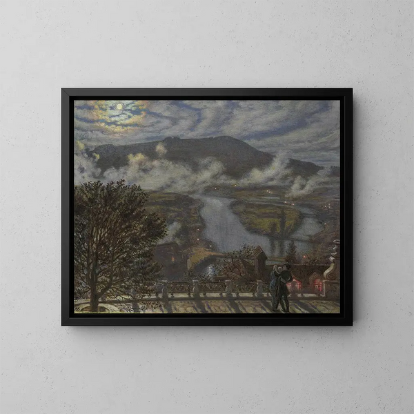 Uitzicht vanaf een terras op een rivierlandschap 's nachts - William Holman Hunt — ingelijst kunstwerk aan de muur