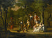 Portret van een familie in een bebost landschap met zigeuners en dansende honden - William Redmore Bigg — weergave van het kunstwerk