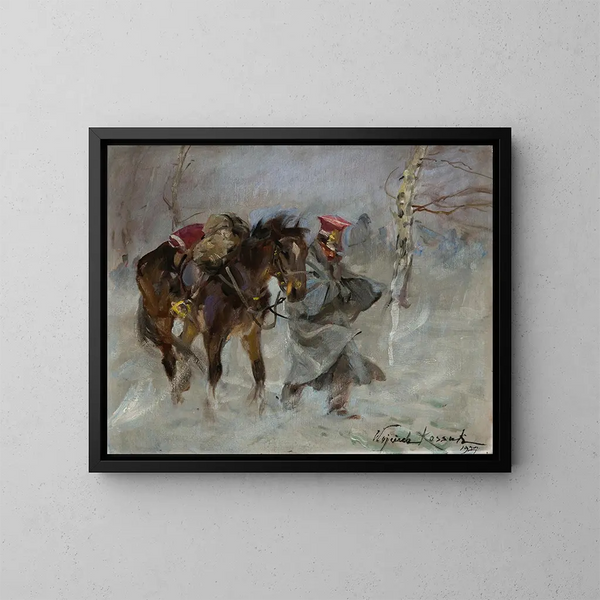 Uhlan die een paard leidt - Wojciech Kossak — ingelijst kunstwerk aan de muur
