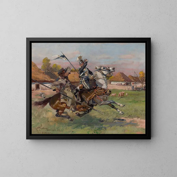 Uhlan strijder tegen een kozak - Wojciech Kossak — ingelijst kunstwerk aan de muur