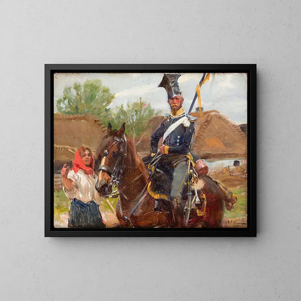 Uhlan met een meisje - Wojciech Kossak — ingelijst kunstwerk aan de muur