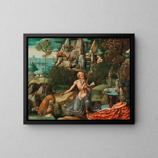 Sint-Jerome in de woestijn - Atelier van Joachim Patinir — ingelijst kunstwerk aan de muur