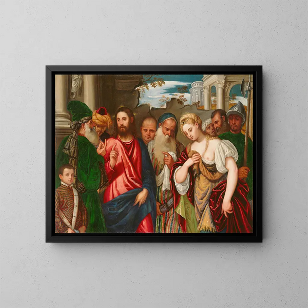 De Christus en de overspelige vrouw - Atelier van Paolo Veronese — ingelijst kunstwerk aan de muur