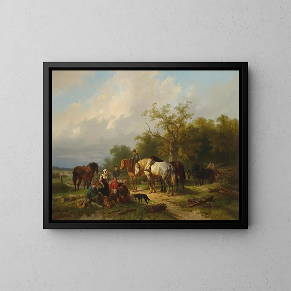 van een schilderij van timmerlieden die rusten aan de rand van een bos - Wouterus Verschuur — ingelijst kunstwerk aan de muur