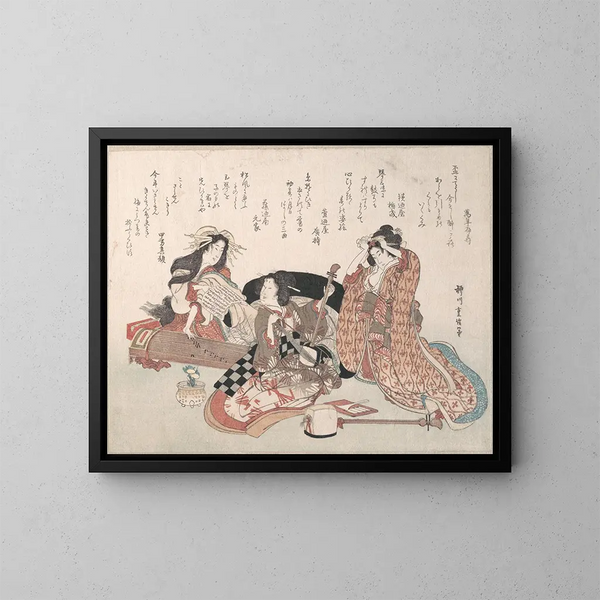 van vrouwen die muziek maken - Yanagawa Shigenobu — ingelijst kunstwerk aan de muur