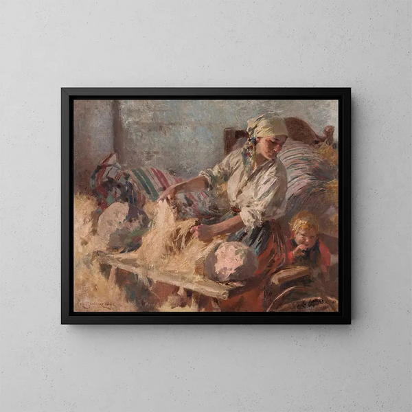 Peignage du lin - Zdzisław Jasiński — ingelijst kunstwerk aan de muur