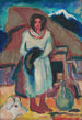 Study of a peasant woman in front of a cottage - Zolo Palugyay — framed artwork on a wall