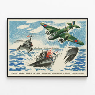 a-british-blenheim-bomber-of-the-coastal-command-aids-a-british-destroyer-in-smashing-a-german-submarine