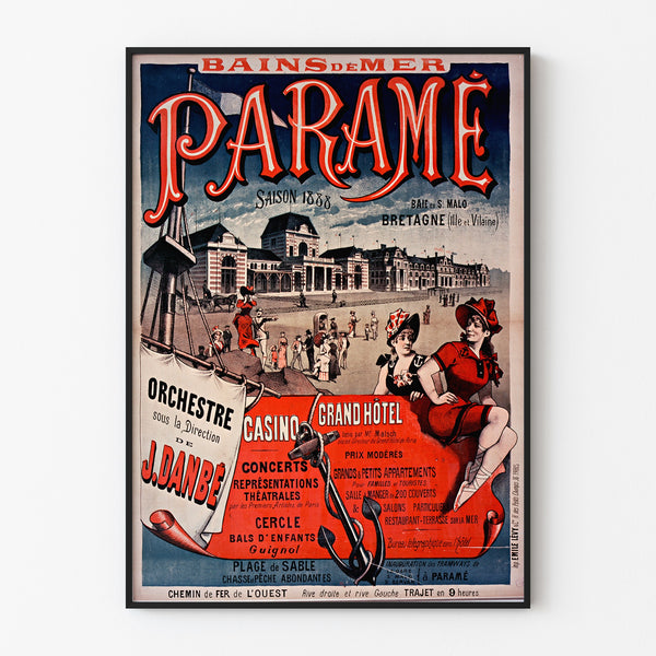 Vintage poster Bretagne – Paramé, baai van Saint-Malo, gepresenteerd in een smal lijstje aan een lichte muur.