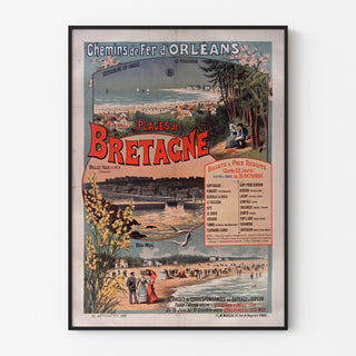 Vintage Bretagne-poster – Plages de Bretagne, spoorwegen, in een smal frame aan een lichte muur.