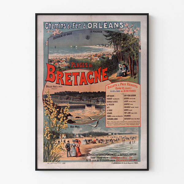 Vintage Bretagne-poster – Plages de Bretagne, spoorwegen, in een smal frame aan een lichte muur.