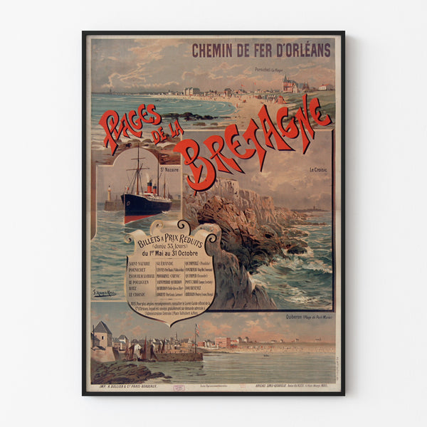 Vintage poster Bretagne – Stranden van Bretagne, Orléans, getoond in een slank frame tegen een lichte muur.