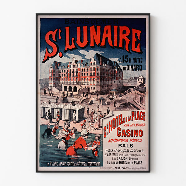 Vintage poster Bretagne – Saint-Lunaire, zeebaden, gepresenteerd in een smal kader tegen een lichte muur.