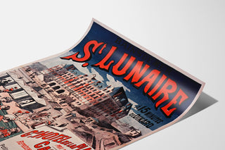 Vintage poster Bretagne – Saint-Lunaire, zeebaden, gepresenteerd op een gebogen blad, perspectivisch uitzicht.