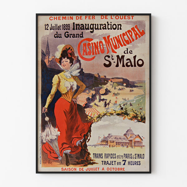 Vintage poster Bretagne – Saint-Malo, opening van het casino, gepresenteerd in een smal lijstje aan een lichte muur.
