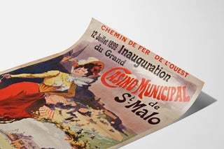 Vintage poster Bretagne – Saint-Malo, opening van het casino, gepresenteerd op een gebogen blad, perspectivisch gezien.