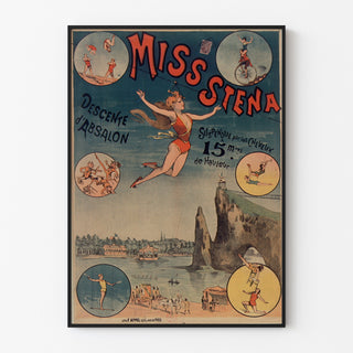 Vintage circusposter Miss Stena, afdaling van Absalon, gepresenteerd in een smal frame aan een lichte muur.