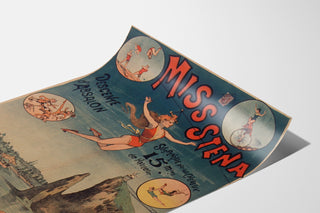 Vintage circusposter Miss Stena, afdaling van Absalon, getoond op een gebogen blad, perspectivisch gezien.
