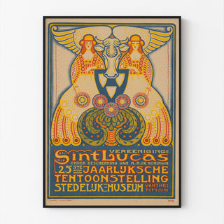 Tentoonstellingsposter – Sint Lucas, 1916 – Albert Hahn, gepresenteerd in een dunne lijst tegen een lichte muur.